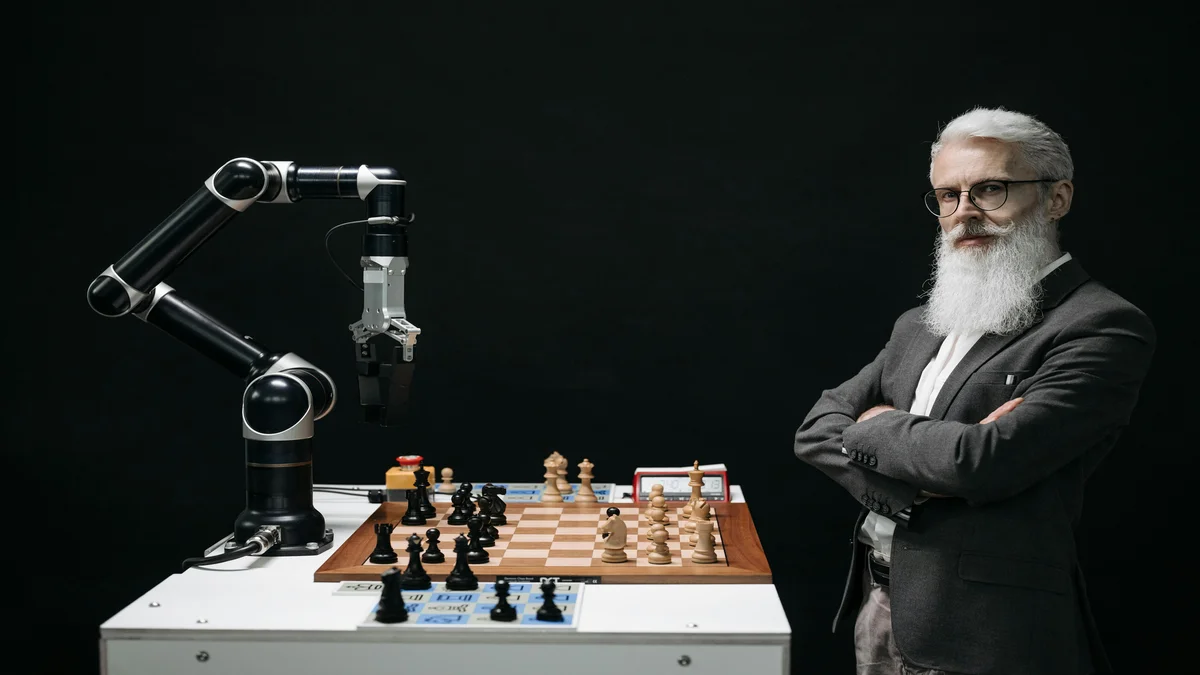 Braco robotico jogando xadrez contra humano, representando a competicao entre modelos de IA
