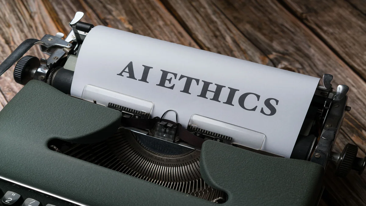 Máquina de escrever com papel mostrando AI Ethics, debate sobre regulação de inteligência artificial