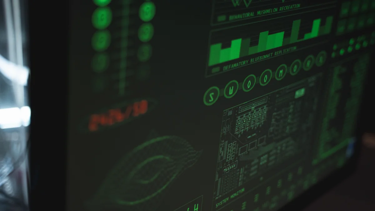 Tela de computador em tons verdes exibindo interface de ciberseguranca e codigo, representando teste de seguranca em IA